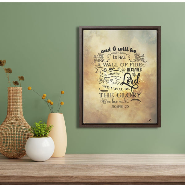Divine Protection: 'I Will Be a Wall of Fire All Around Her' Zechariah 2:5 Framed Canvas Canvas Printify