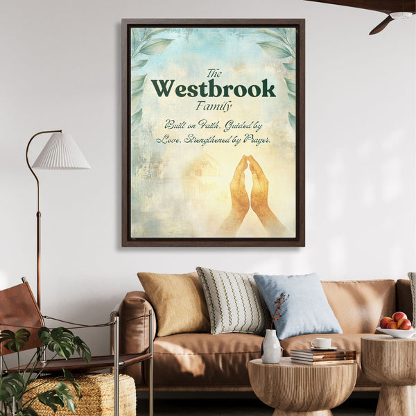 Family Blessings: Personalized 'Built on Faith, Guided by Love, Strengthened by Prayer' Framed Canvas Canvas printify