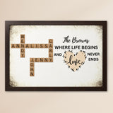 Family Where Life Begins Crossword Puzzle Art - Captured In A Moment, Cherished For A Lifetime Personalized Poster Poster Printify 24″ x 16″ Walnut 