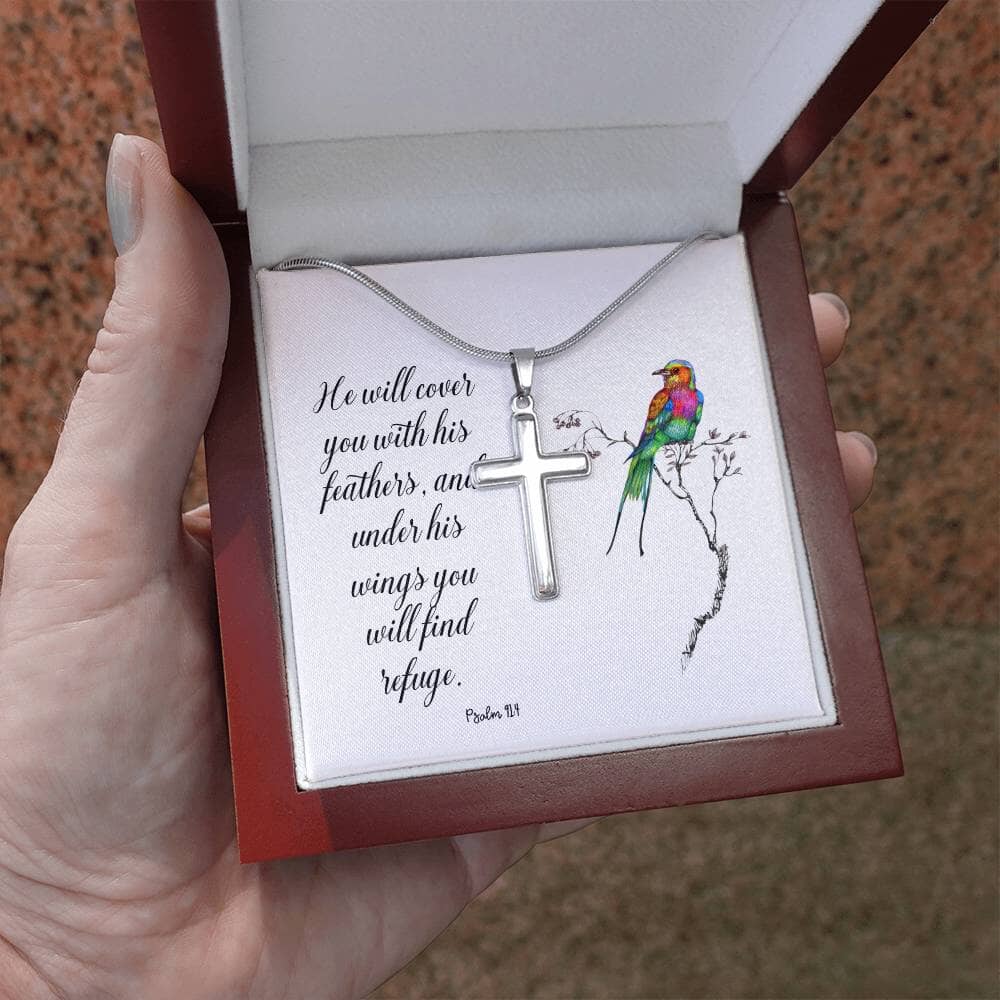Psalm 91:4 He will cover you with His feathers - Artisan-crafted Stainless Steel Cross Necklace Jewelry ShineOn Fulfillment Mahogany Style Luxury Box (w/LED) 