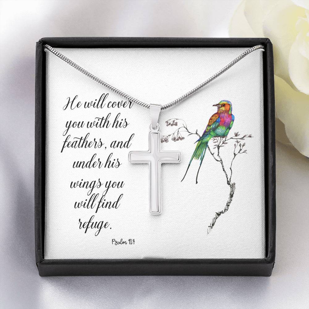 Psalm 91:4 He will cover you with His feathers - Artisan-crafted Stainless Steel Cross Necklace Jewelry ShineOn Fulfillment 