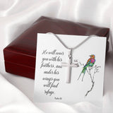 Psalm 91:4 He will cover you with His feathers - Artisan-crafted Stainless Steel Cross Necklace Jewelry ShineOn Fulfillment Mahogany Style Luxury Box 