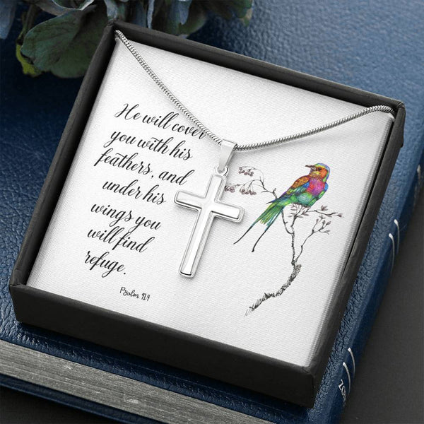 Psalm 91:4 He will cover you with His feathers - Artisan-crafted Stainless Steel Cross Necklace Jewelry ShineOn Fulfillment Standard Box 