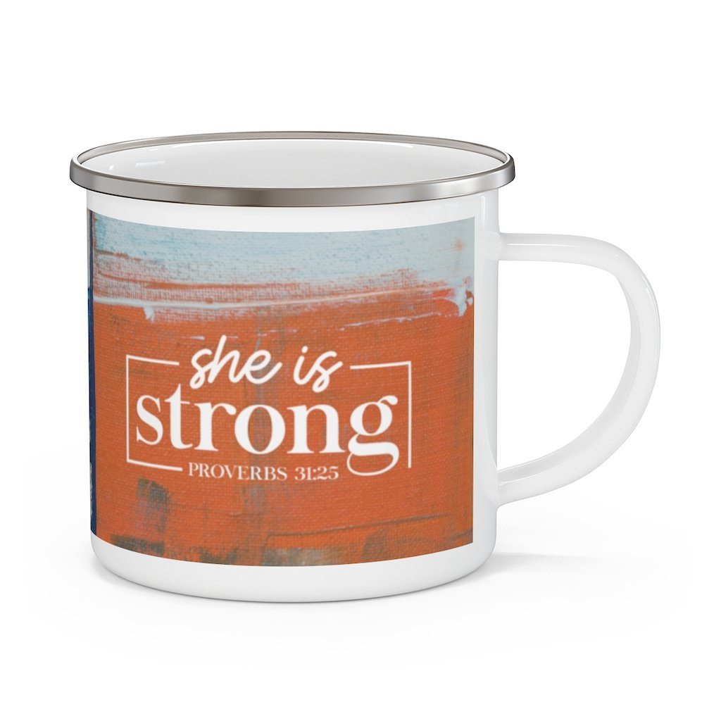 She is strong - Enamel Camping Mug - A unique gift for her Mug Printify 12oz 