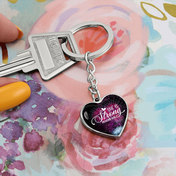 She is Strong - Proverbs 31:25 - Graphic Heart Keychain Jewelry ShineOn Fulfillment 