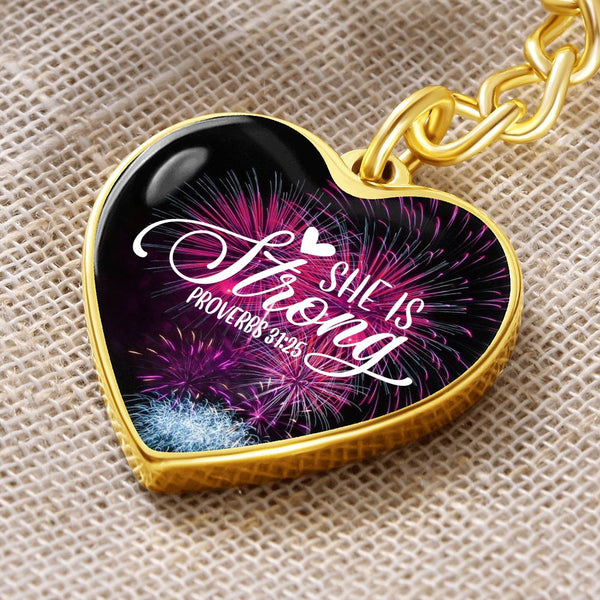She is Strong - Proverbs 31:25 - Graphic Heart Keychain Jewelry ShineOn Fulfillment Graphic Heart Keychain (Gold) No 