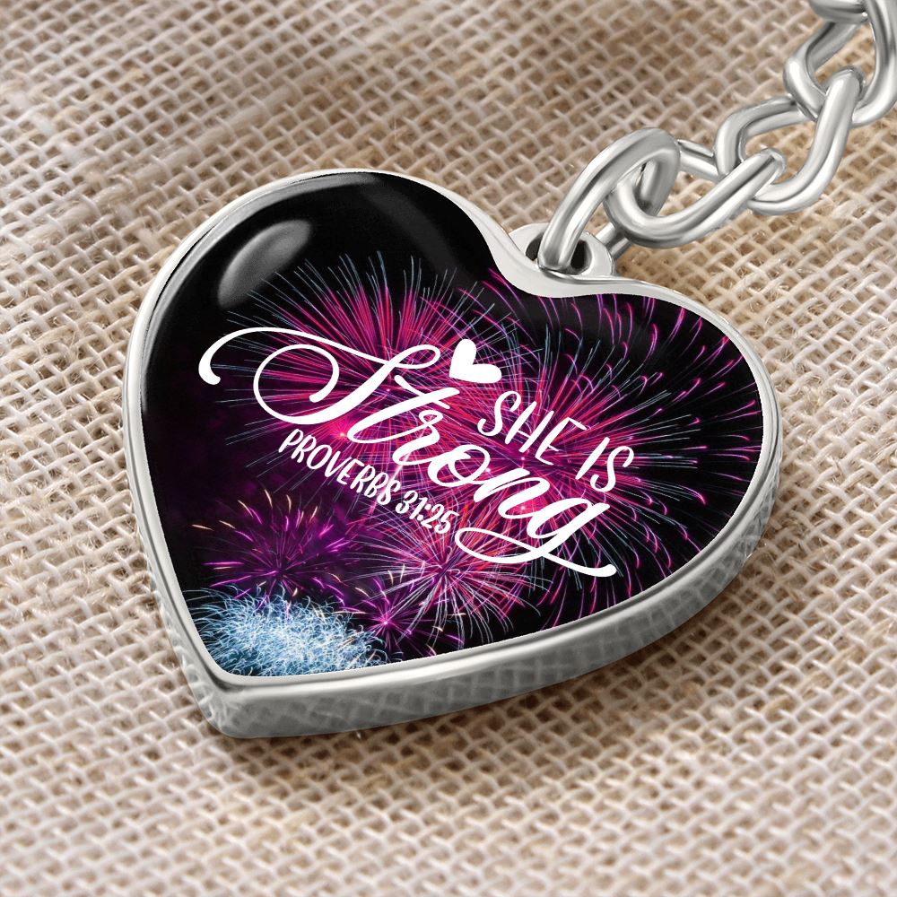 She is Strong - Proverbs 31:25 - Graphic Heart Keychain Jewelry ShineOn Fulfillment Graphic Heart Keychain (Silver) No 