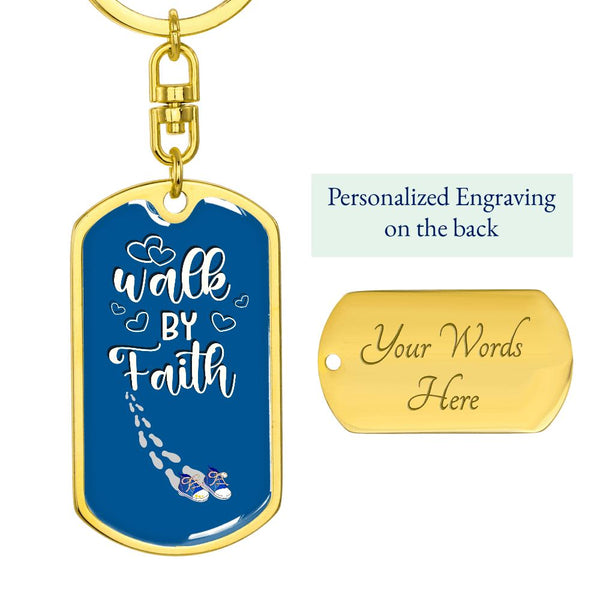 Walk by Faith - Graphic Dog Tag Keychain Jewelry ShineOn Fulfillment Dog Tag with Swivel Keychain (Gold) Yes 